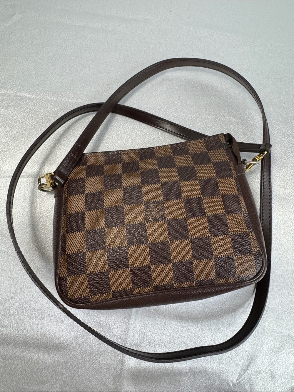 Louis Vuitton Damier Ebene Trousse Pochette w/ LV Brown Crossbody Strap and COA